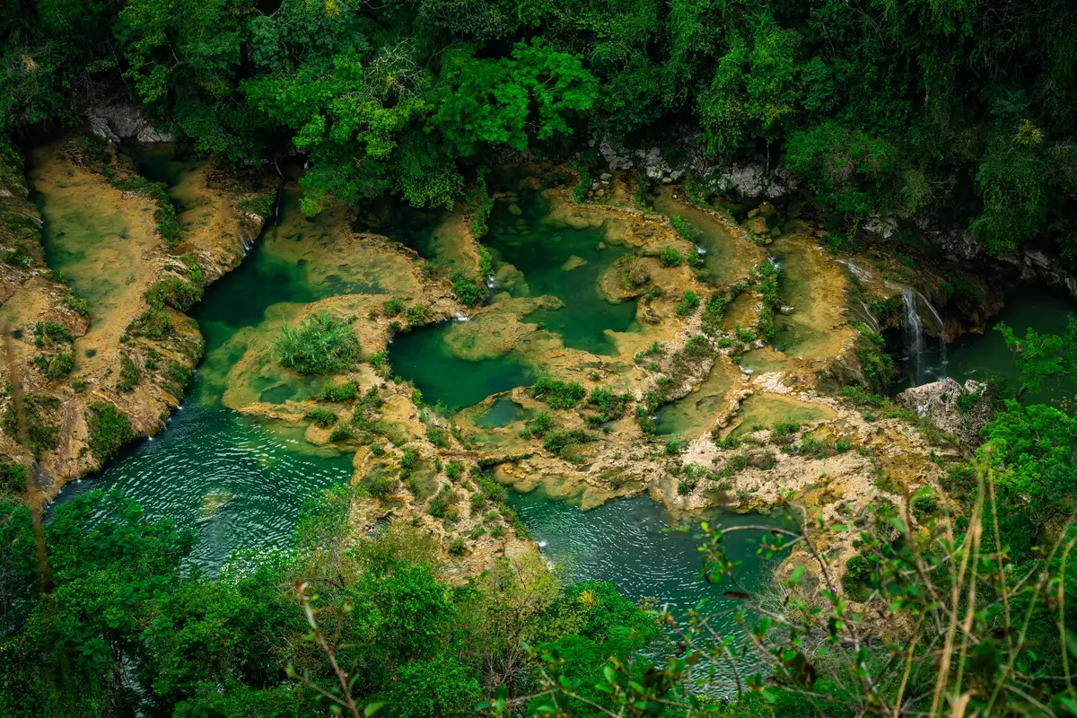 Turquoise limestone pools of Semuc Champey winding through the jungle